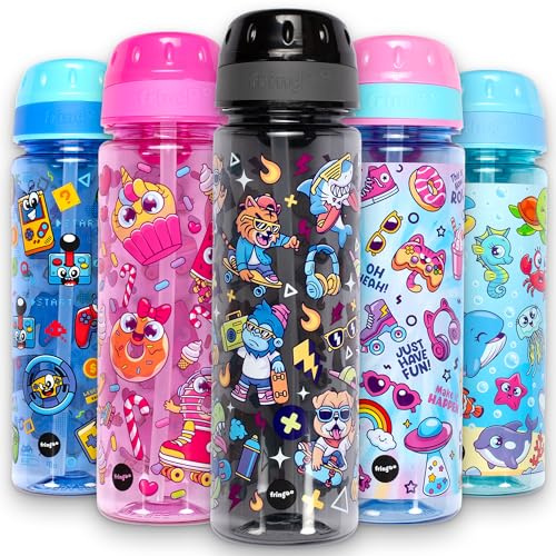 Fringoo Kids School Water Bottle - 650ml Straw Bottle with Carry Handle, Very Durable & 100% Leakproof, BPA-Free