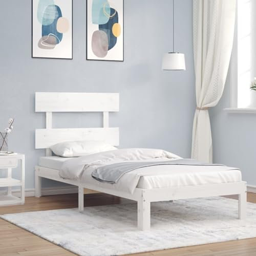 Camerina Massivholzbett mit Kopfteil Bettgestell Bed Frame Holzbett Kopfteil Bett Schlafzimmer Bett Massivholzbetten Weiß 90x200 cm 3193517