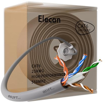 Elecan Cable Ethernet Cat 6 de 300 pies, color gris, caja fácil de tirar, cobre sólido sin oxígeno de 23 AWG, 10 Gbps 550 MHz, POE, suave, flexible, suave, sin enredos, red de Internet UTP, red LAN,