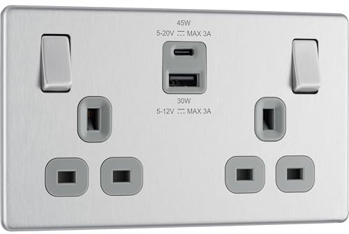 BG Electrical 45W Double Switched Power Wall Plug Socket with Super Fast Charge Type A and C USB Ports, Screwless, Flatplate, Brushed Steel, Grey Inserts, 13A, FBS22UAC45G