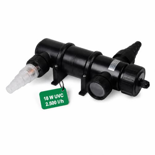 VIALIA UVC Klärer Teich CUV-118, 18 Watt, gegen Schwebealgen | Kristallklares Teichwasser ohne Chemie – mit UV-Schauglas, Schnellverschluss und Anschlüssen für 19–38 mm Schläuche