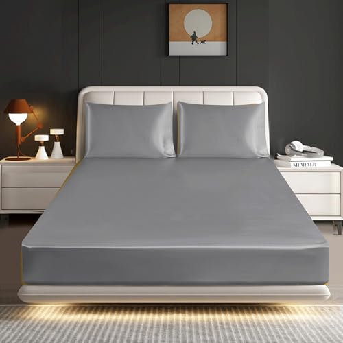 ROOEE Satin Silk Fitted Sheet with Pillowcase Set Breathable Soft Bedding Brushed Fabric Wrinkle, Shrinkage and Fade Resistant Bottom Bed Sheets (SILVER, King)