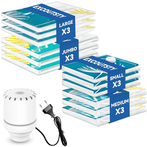 Vakuumbeutel für Kleidung mit elektrischer Luftpumpe, Vakuumbeutel 12er Set (3 x JUMBO, 3 x L, 3 x M, 3 x S) Aufbewahrungsbeutel für Kleidung, Decken, Kissen, Reisen, Bettlaken, Plüschtiere