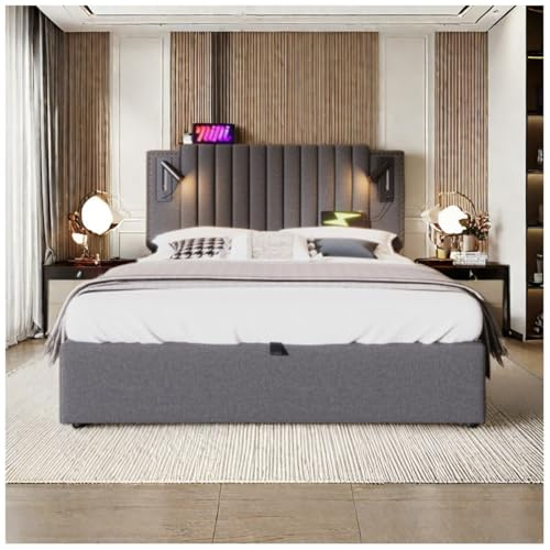 Sapgaks Lit capitonné 180x200cm, tête de lit Design Rivet avec Fonction de Chargement USB et liseuse, avec Coffre de lit à Rangement hydraulique, matière Coton, Gris (Matelas Non Inclus)