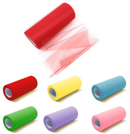 Rebanky 6 Rollen Bunter Tüllstoff, 15 cm x 23 m, für Hochzeit und Deko | Tüll Meterware für Hochzeit, Party, Geschenkverpackung, Tutu, Dekoration und DIY-Basteln