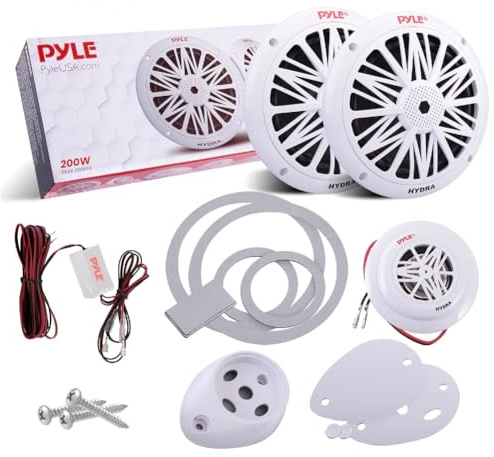 KIT SET A 2 VIE PER PYLE PLMR6KW da 6,5 16,5 cm 165 mm, 100 watt rms 200 watt max, 2 woofer, 2 tweeter, 2 crossover, impermeabili waterproof, barca, hotel, piscina, colore bianco, a coppia