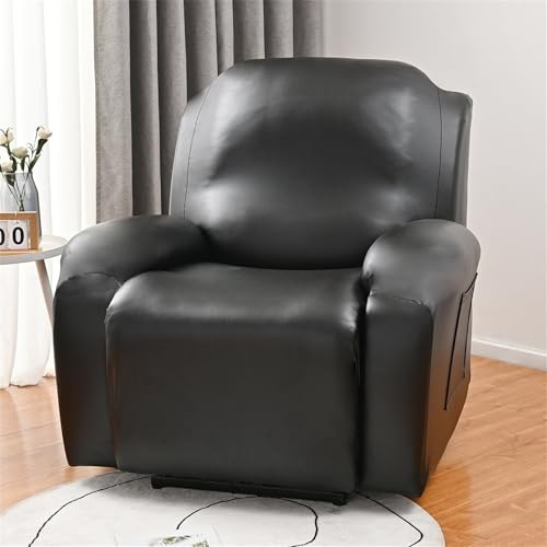 Hearda Sesselschoner für Relaxsessel, PU-Leder Stretch Sesselschoner, 4-Teilig Relaxsessel Bezüge, rutschfest Recliner Cover, Waschbar Sesselbezug mit Taschen, Fernsehsessel Liege Sessel (Schwarz)