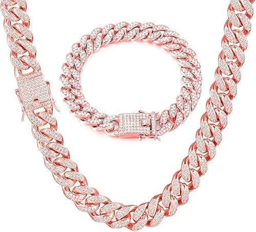 GIHENHAO Mens Cuban Link Chain Miami Cuban Necklace Bracelet Bling Diamond Chain for Mens Women