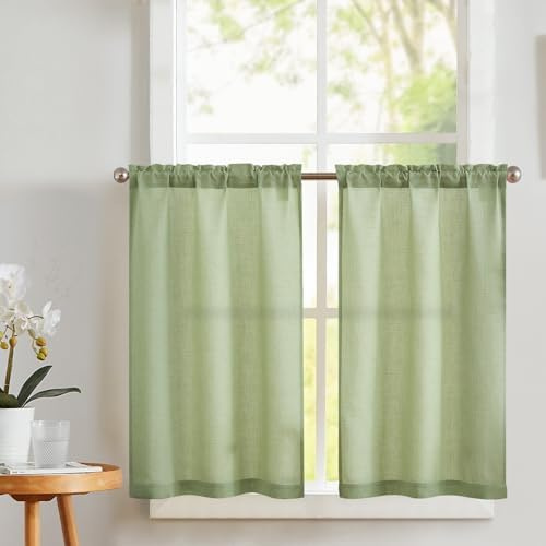 Vangao Tende Cucina Corta per Interni Misto Lino Moderne 65 x 60 cm 2 pannelli Verde Country Rustica Bistrot Stile Rustico Soggiorno Tende Finestre con passanti Piccole Camera da letto sottolavello