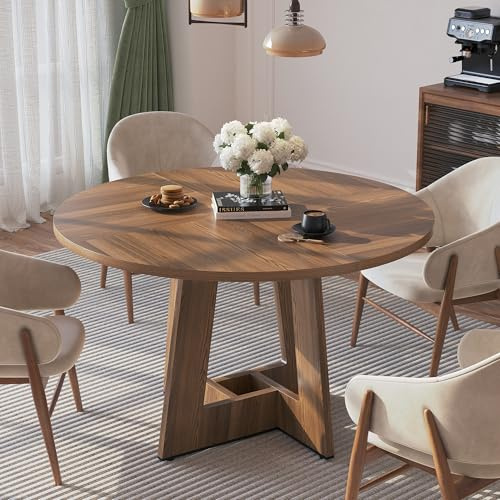 APICIZON Round Dining Table for 4-6 People, Brown Kitchen Table, 120CM Farmhouse Dinning Tables, No Shaking, More Durable, for Kitchen and Living Room, Easy to Assemble (only table)