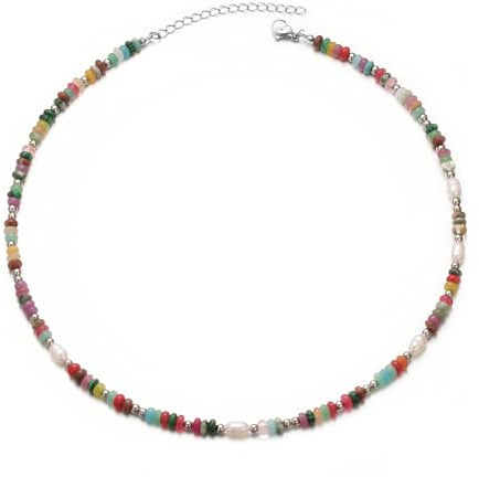 Aleasha Bunte Perlenkette Damen Boho Steine Kette süßwasserperlen Strand Halskette Edelstahl Silber Handgefertigte Schmuck 38+5cm