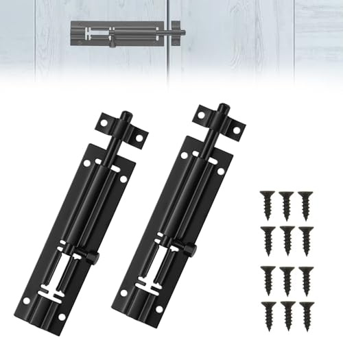 Paquete de 2 pernos de bloqueo de puerta negros de 4 pulgadas con tornillos, cerradura deslizante resistente para puertas internas, cobertizos y armarios, pestillo de aleación de zinc y fijaciones de