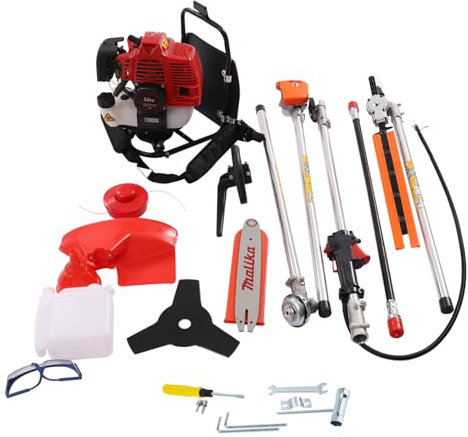 Benzin Motorsense, 52CC 2.3HP 2-Takt 4 in 1 Rasentrimmer Luftgekühlter Rasenmäher 1 Zylinder Rasenmähermäher Rucksack Benzin Freischneider Multifunktionale Heckenschere mit Werkzeugsatz