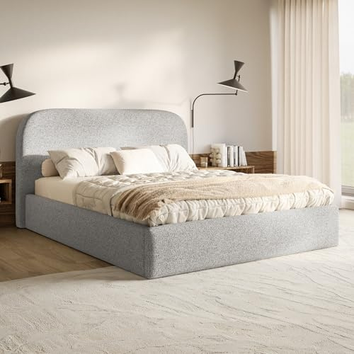 MOTIVENA Mono Bett 120x200 Grau Strukturstoff, mit Stauraum, mit Kopfteil, mit Lattenrost, ohne Füße, ohne Matratze, Polsterbett 120x200 mit Bettkasten Grau (Hellgrau)