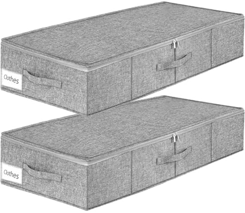 2 stycken förvaringslådor för undersäng, undersängsbord, vikbar förvaring under säng, stor, undersängslåda, organisatör med dragkedja och handtag för skor, kuddar, kläder, täcken, grå