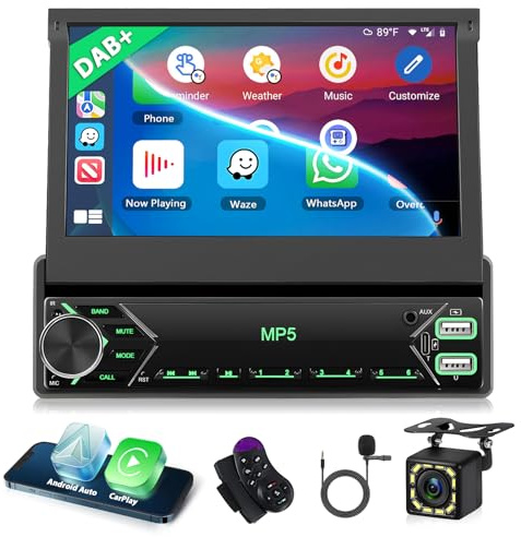 Motorsi DAB+ Wireless Carplay Autoradio 1 Din con Type-C, 7 HD Touchscreen Bluetooth Car Stereo con Android Auto Bluetooth MirrorLink FM USB Carica SWC Retroilluminazione Colorata + Telecamera