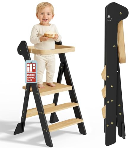 COSYLAND Lernturm ab 1 Jahr klappbar – iF Design Award Gewinner, höhenverstellbarer Lernturm mit Sicherheitsnetz, Montessori Learning Tower/Lernstuhl für Kinder, Foldi (Schwarz & Natur)