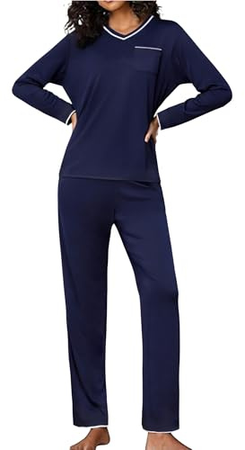 Demegimi Pyjama Femme Hiver Manches Longues Col V Confortable Coton Ensemble Vêtements de Nuit