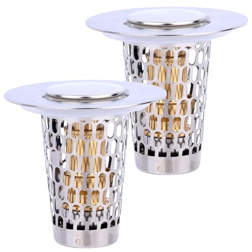 2pcs Bathroom Sink Stopper, Universal Pop-Up Drain Stopper for 1-1.50in Drains Stainless Steel Sink Plug with Hair Strainer (Silver)