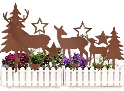 Gartenstecker aus Metall für Rentiere, 9-teilig, bestehend aus 3 Rentieren, 2 Weihnachtsbäumen und 4 Sternen aus Metall, Gartendekoration aus Rost, geeignet für Weihnachten, Gartendekoration Rost