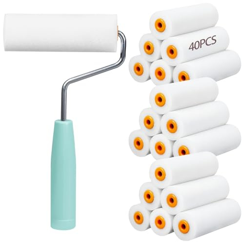 Packool 40PCS Mini Paint Rollers, 4 Inch High Density Foam Rollers Paint Roller Covers with 1PCS Roller Handle for Painting Wall Cabinet