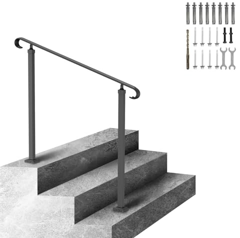 VEVOR Wrought Iron Handrail, Fit 2 or 3 Steps Outdoor Stair Railing, Adjustable Front Porch Hand Rail, Black Transitional Hand railings for Concrete Steps or Wooden Stairs with Installation Kit