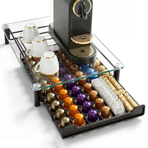 Zvonema Transparent kapselhållare för Nespresso-kapslar, lådbox för 60 kaffekapslar, kaffekapslar, förvaring av glas och metall, smidigt utdragbart design, robust kapselmaskinställning