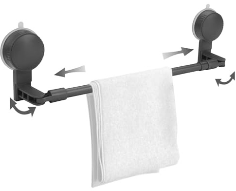 Huakaile Barre porte-serviettes réglable à ventouse à 180° pour salle de bain, sans perçage, support mural rétractable, porte en verre, cuisine (gris)