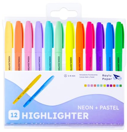 Raylu Paper – Marcadores Fluorescentes Neón y Pastel con Punta Biselada, Pack de 12 Subrayadores con Trazo de 1-4mm, Rotuladores Fluorescentes para Estudio, Oficina y Organización (Neón + Pastel)