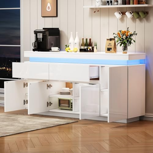 EURHCIO Buffet Cuisine Salon Brillant 140x35x72.5cm,Buffet Salle a Manger,Cuisine Rangement avec Lampe LED Réglable,2 Tiroirs,8 Étagères,Base Rectangulaire Robuste(Q-Blanc)