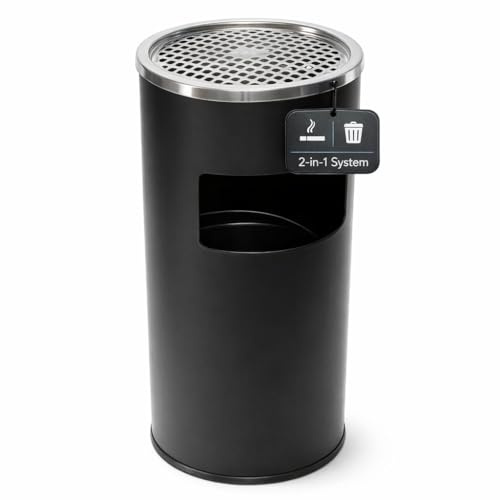 Standaschenbecher für draußen groß mit Mülleimer 2 in 1 – Aschenbecher Outdoor stehend Metall schwarz matt – robuster Stehaschenbecher für Eingangsbereich, Büro & Gastronomie (1)