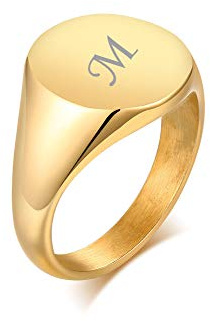 PJ JEWELLERY Unisex Blank Edelstahl Paar Initial Round Siget Ring Ehering 18 Karat vergoldet benutzerdefinierte Siegelring Geschenk für Frauen Valentinstag Größe 52 (16.6)