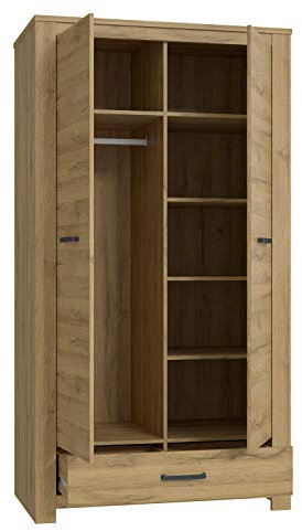 FORTE HAVANNA Schrank 100 110, Kleiderschrank, Drehtürenschrank Klassisch, 2-türig, 1 Schublade, Einlegeböden und Kleiderstange, Holzdekor: Alteiche, 107 cm breit x 198 cm hoch x 60 cm tief