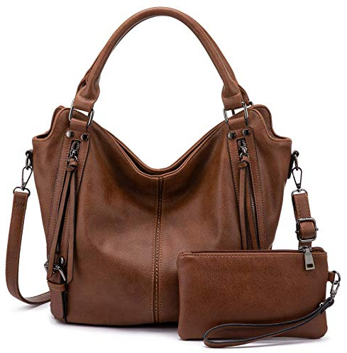 Realer Bolsos de Mujer Hobo Casual Medio Bolso Bandolera Polipiel Bolso Tote Bolso de Hombro Shopper Bolso de Cuero Sintetico Monedero Carteras 2pcs Marrón