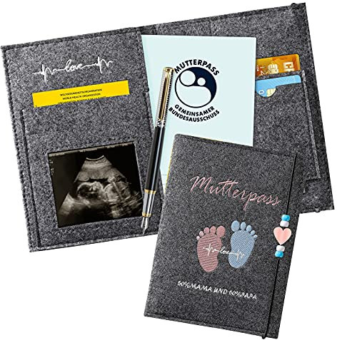 Mutterpasshülle aus Handgefertigtem Filz,mit Fächern zur Aufbewahrung von Versicherungskarten,Ultraschallbildern und Impfpass usw,Süßes Geschenk für Schwangerinen und Zukunftige Mütter (Dunkelgrau)