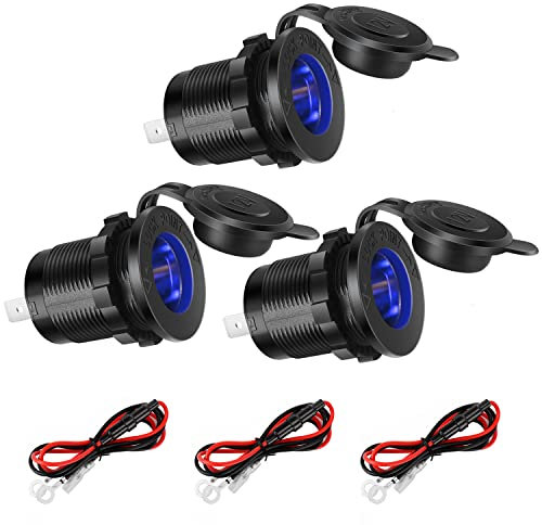Thlevel 3 Stücke Zigarettenanzünder Steckdose Auto Adapter mit Blau LED Licht Wasserdicht 0.6m Anschlusskabel für 12V-24V DC Marine Boot Motorrad