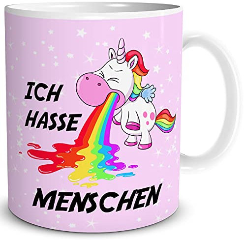 TRIOSK Tasse Kotzendes Einhorn mit Spruch lustig Ich hasse Menschen Geschenk Bürotasse für Männer Frauen Einhornliebhaber Freunde Kollegen Rosa