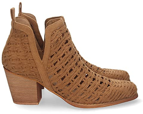65921-Botin de Tacon para Mujer, con Tiras Trenzadas, de Punta Fina, y Tobillo Abierto, Primavera Verano 2022. Talla 38 Camel