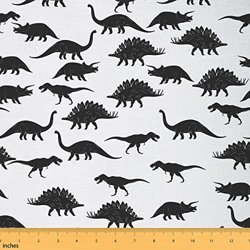 Dinosaurier Polsterstoff Dino Silhouetten Stoff Meterware Safari Wildlife Tiere Dekostoff Schwarz Weiß Wasserdichter Steppstoff für Kinder Teenager Jungen Cartoon Nähstoff 92 x 150 (HxB)
