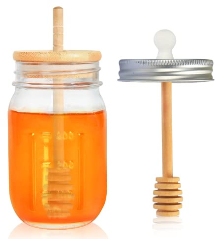 GIVAMEIHF 16oz Glass Honey Jar with Dippers Stick Set,Honey Pot with Dipper and Lid,Honey Containers for Airtight Syrup Dispenser for Home Kitchen