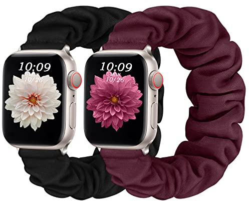 CeMiKa 2pack Bracelets Compatible avec Bracelet Apple Watch 38mm 40mm 41mm, Elastique Ajustable Scrunchie Bande pour iWatch Bracelet Series 9 8 7 6 5 4 3 2 1 SE Ultra, Femmes Hommes, Noir/Rouge vin