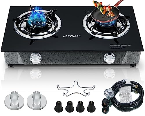 Horynar Propane Stove 2 Burner Gas Stove Auto Ignition 26000 BTU Tempered Glass Propane Burner LPG with CSA Hose for Outdoor Cooking, Emergency