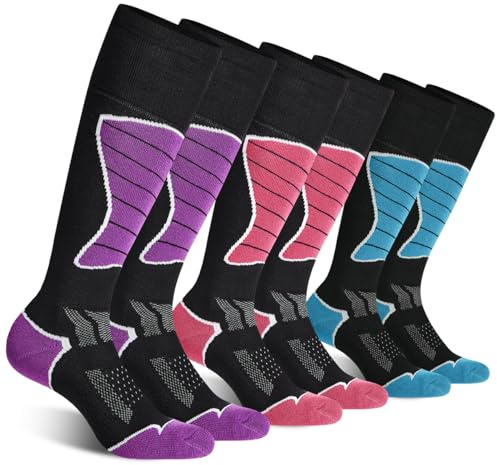 CS CELERSPORT Women's Merino Wool Ski Socks, 3 Pack Thermal Warm Winter Thick Knee High Snowboarding Skiing Socks, Black Blue + Black Pink + Black Purple, Medium