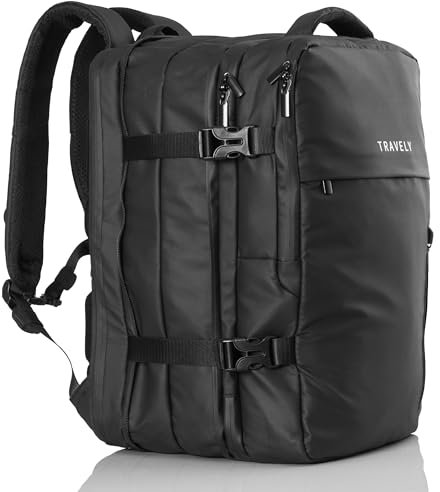 Travely Handgepäck Rucksack 20-40L - Erweiterbarer & Wasserdichter Reiserucksack Flugzeug, 45x30x12-26 ideal für Ryanair, mit Laptopfach bis 17 Zoll Travel Backpack, cabin bag