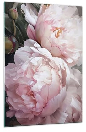 Bilder auf Glas Blumen Pfingstrosen Romantisch Glasbild 50x70cm Wandbilder Dekoration Wohnzimmer Schlafzimmer Küche Deko Klein Wanddeko Bild im Glas Wand Kunstdruck Art Modern Wall Decor GPA50x70-5815