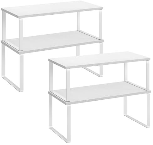 SONGMICS Kitchen Cupboard Organisers, Set of 4 Counter Storage Shelves, Stackable, Expandable Spice Racks, Metal and Engineered Wood, Cloud White and Snow White KCS028W01