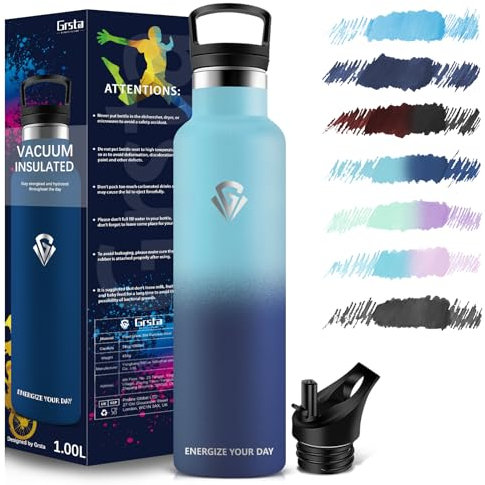 Grsta Borraccia Termica, Borraccia Acciaio Inox 1000ML, Senza BPA, con Cannuccia, Bottiglia Palestra, Bottiglia Termica Senza Perdite, per Sport, Scuola, Yoga