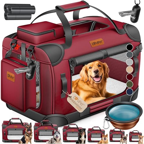 LOVPET® Transportbox Hund Katze Transporttasche XL 82x58x58cm | Hunde-Tragetasche Faltbare Katzentasche | Haustier-Transportbox inkl. Hundenapf & Schultergurt | für Katzen & Hunde Bordeaux Rot