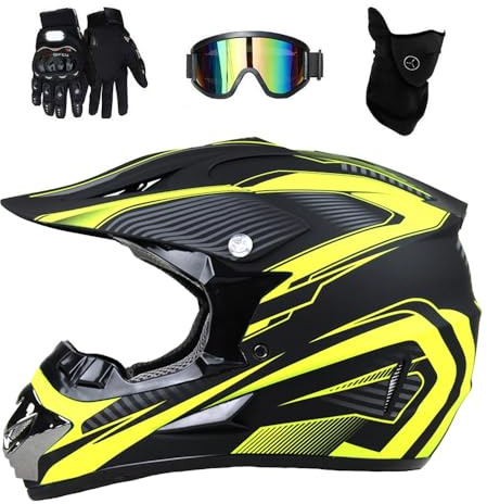 Jeunesse Enfant Casque Motocross, Mode Intégral Hors Route Scooter Casque de Moto, Une Descente BMX MTB VTT Enduro Quad Dirt Bike Casque, avec Lunettes Gants Masque ( Color : X , Size : S/52-53CM )