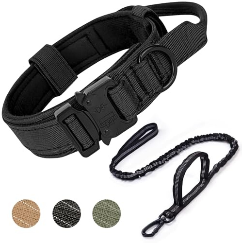 Ledeak Taktisches Hundehalsband, gepolstert, atmungsaktiv, weiches Nylon, mit robuster Metallschnalle, verstellbar, Militär-Hundehalsband mit Griff für mittelgroße und große Hunde (Hundehalsband +